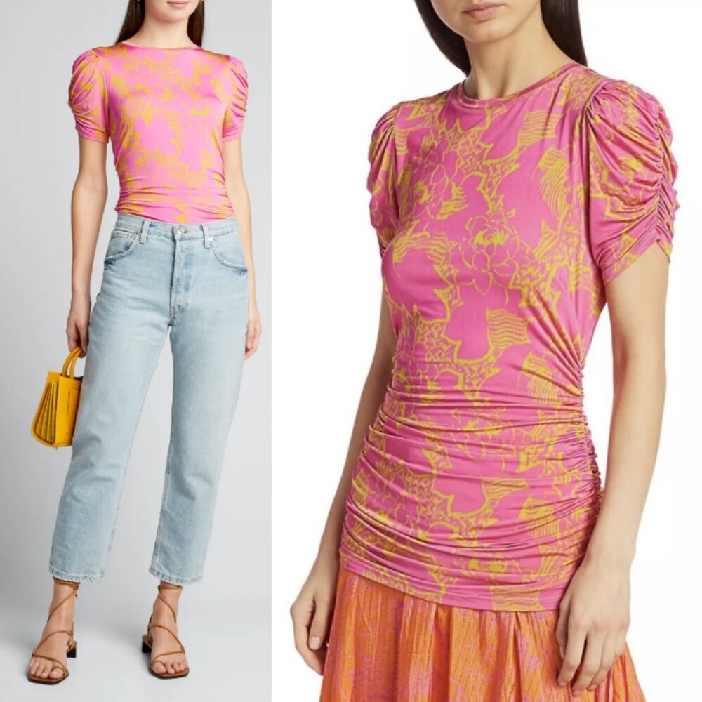 TANYA TAYLOR Chaia Ruched Top Ikat Floral Pink Yellow Form Fit Stretch Size XS